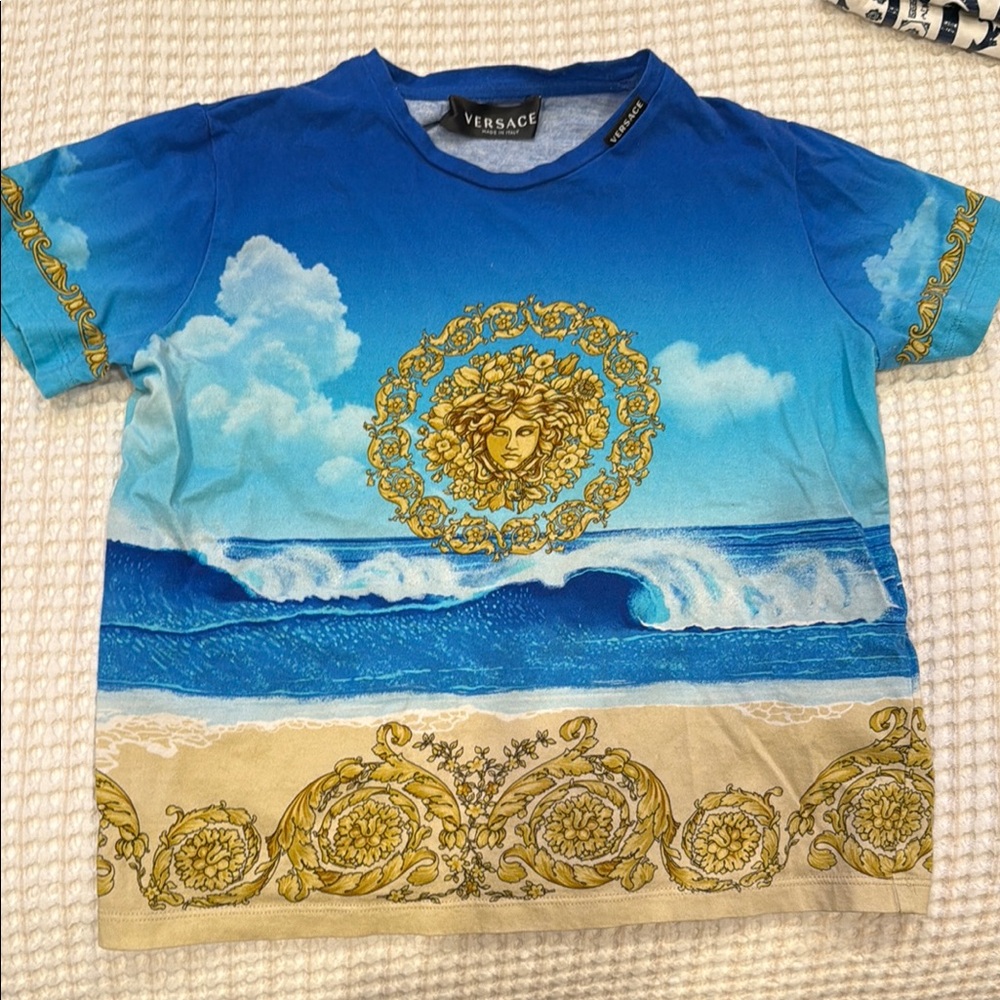 Versace Kids Blue and Gold Graphic T-Shirt